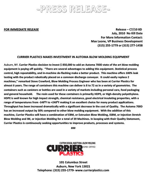 Currier Plastics Makes Investments in Automa Blow Molding Equipment Press Release