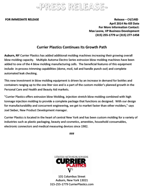 Currier Plastics Continues Its Growth Path Press Release