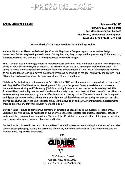 Currier Plastics' 3D Printer Provides Total Package Value Press Release