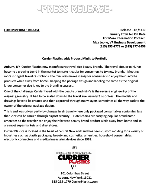 Currier Plastics adds Product Mini's to Portfolio Press Release