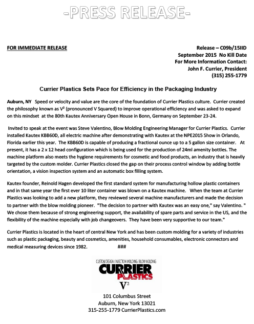 Currier Plastics Sets Pace for Efficiency in the Packaging Industry