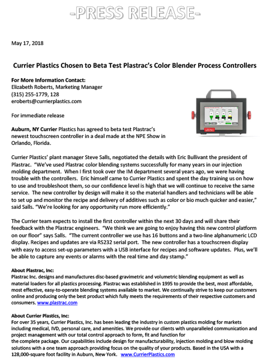 Currier Plastics to Beta Test Plastrac Press Release