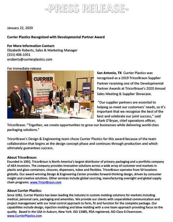 Currier Recognized as Developmental Partner Press Release