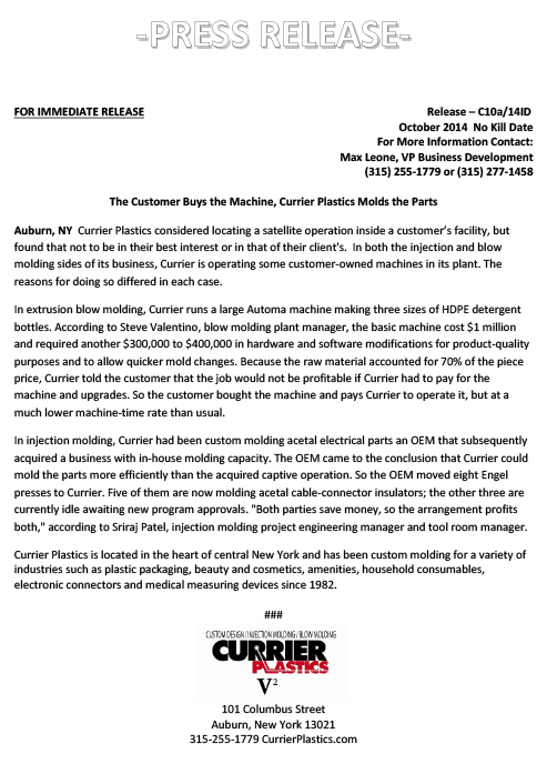 The Customer Buys the Machine, Currier Plastics Molds the Parts Press Release