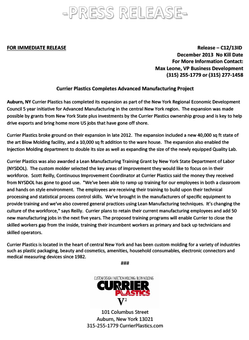 Currier Plastics Completes Advanced Manufacturing Project Press Release
