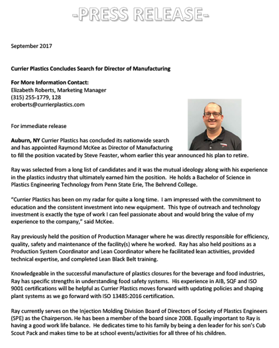 Currier Plastics Hires Director of Manufacturing Press Release