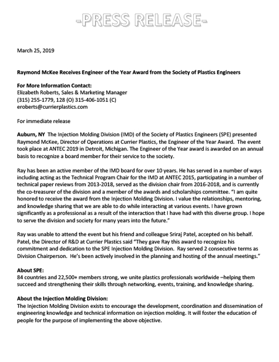 Ray McKee Receives Engineer of the Year Award Press Release