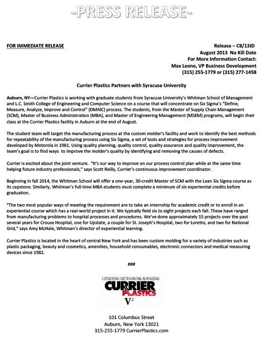 Currier Plastics Partner with Syracuse University Press Release