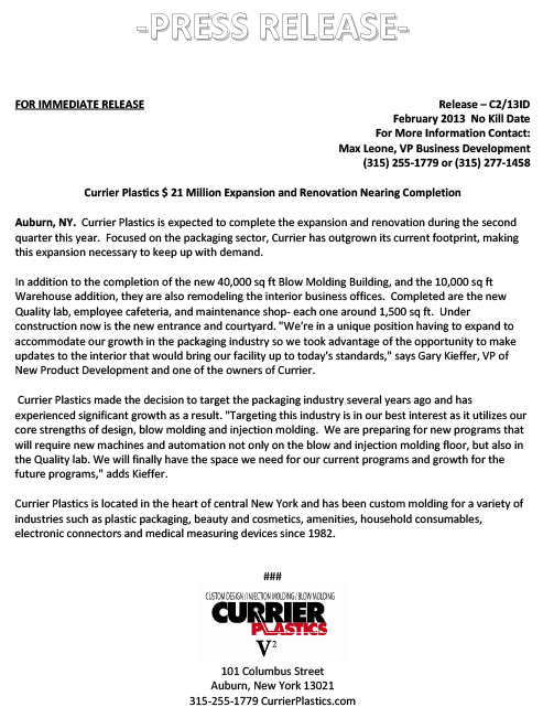 Currier Plastics $21 Million Expansion and Renovation Nearing Completion Press Release