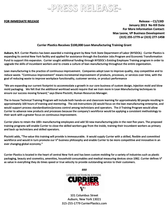 Currier Plastics Received $100,000 Lean Manufacturing Training Grant Press Release
