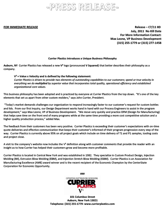 Currier Plastics Introduces a Unique Business Philosophy Press Release