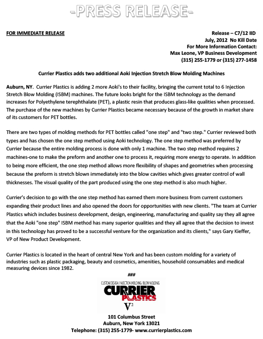Currier Plastics adds two additional Aoki Injection Stretch Blow Molding Machines Press Release