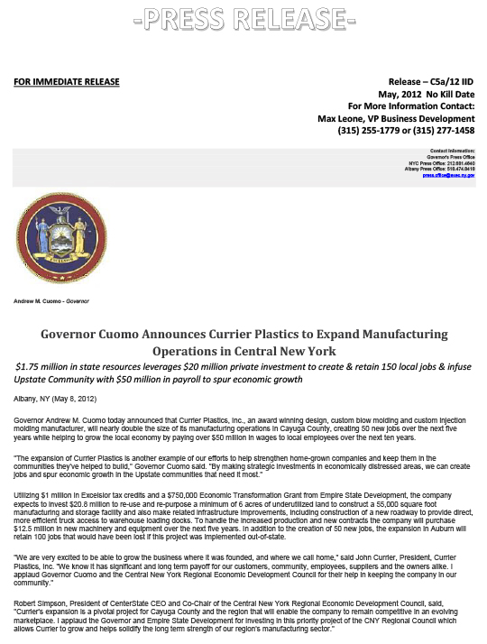 Expanding Manufacturing Operations in Central New York Press Release